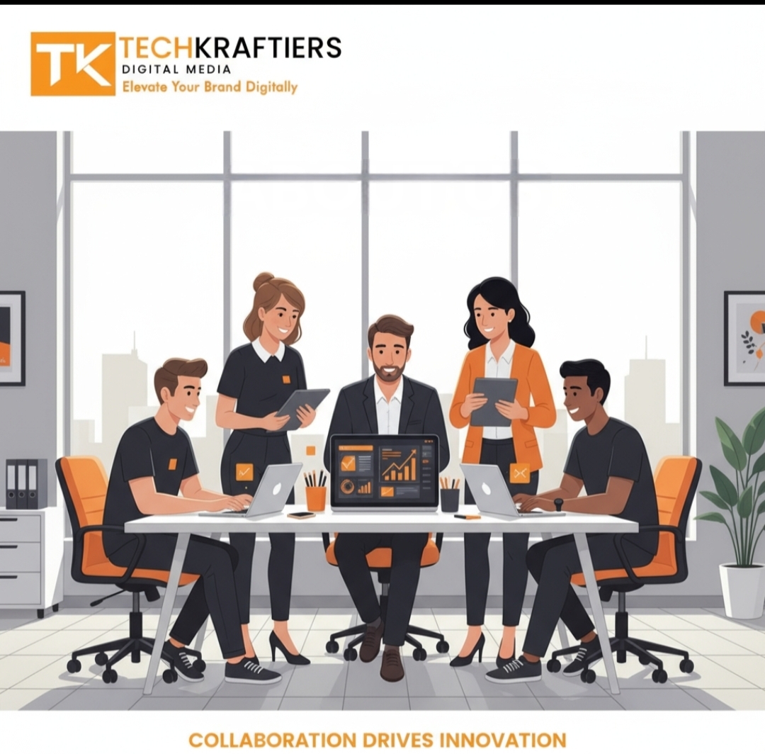 The Techkraftiers team collaborating in a modern office environment